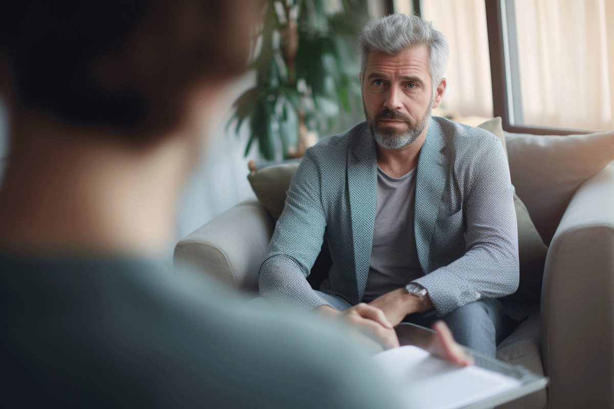 a therapist sits across from his patient discussing alcoholism treatment methods
